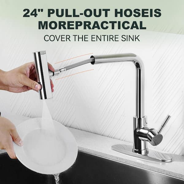 Stainless Steel 13.5 in. H Single Handle 360° Swivel Pull Out Sprayer Kitchen Faucet w/3-Spray Modes in Polished Chrome