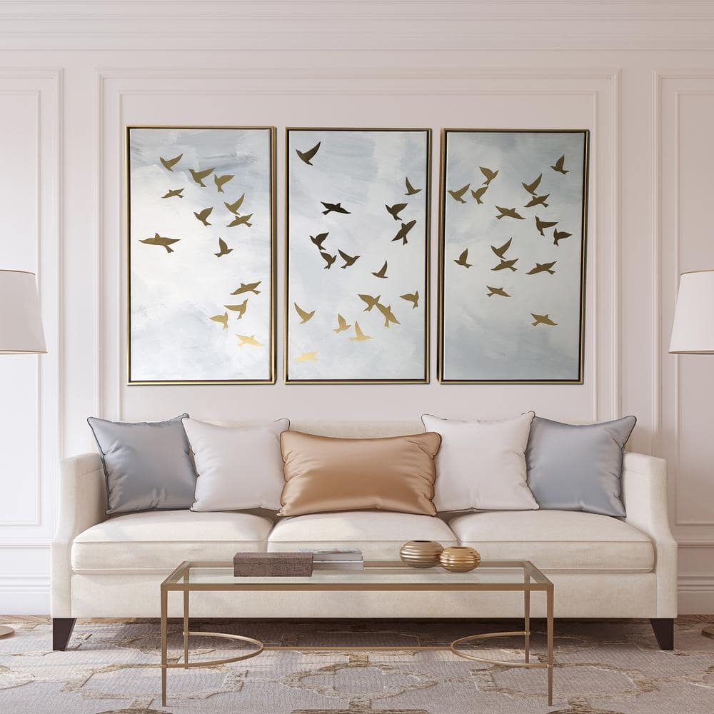 Golden Birds Triptych Floating Framed Canvas Wall Art