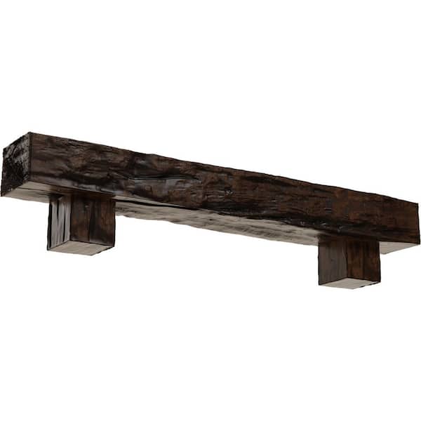Ekena Millwork 4 in. x 8 in. x 4 ft. Riverwood Faux Wood Fireplace Mantel Kit, Alamo Corbels, Premium Aged