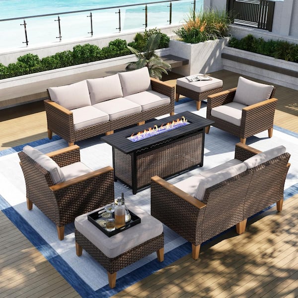 PHI VILLA Brown Rattan Wicker 9 Seat 10-Piece Steel Outdoor Patio Conversation Set with Beige Cushions,Rectangular Fire Pit Table