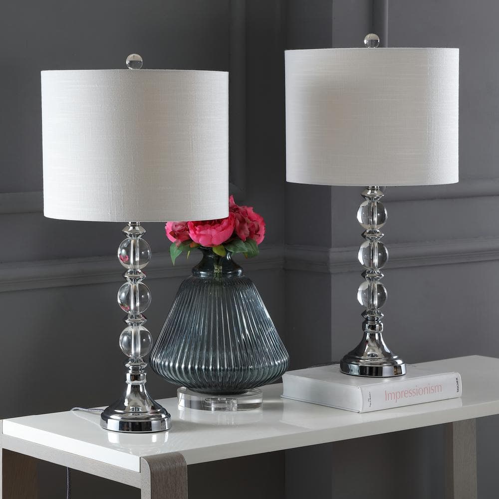 Elegant Clear Crystal 26" LED Table Lamp Set, White Linen Shade