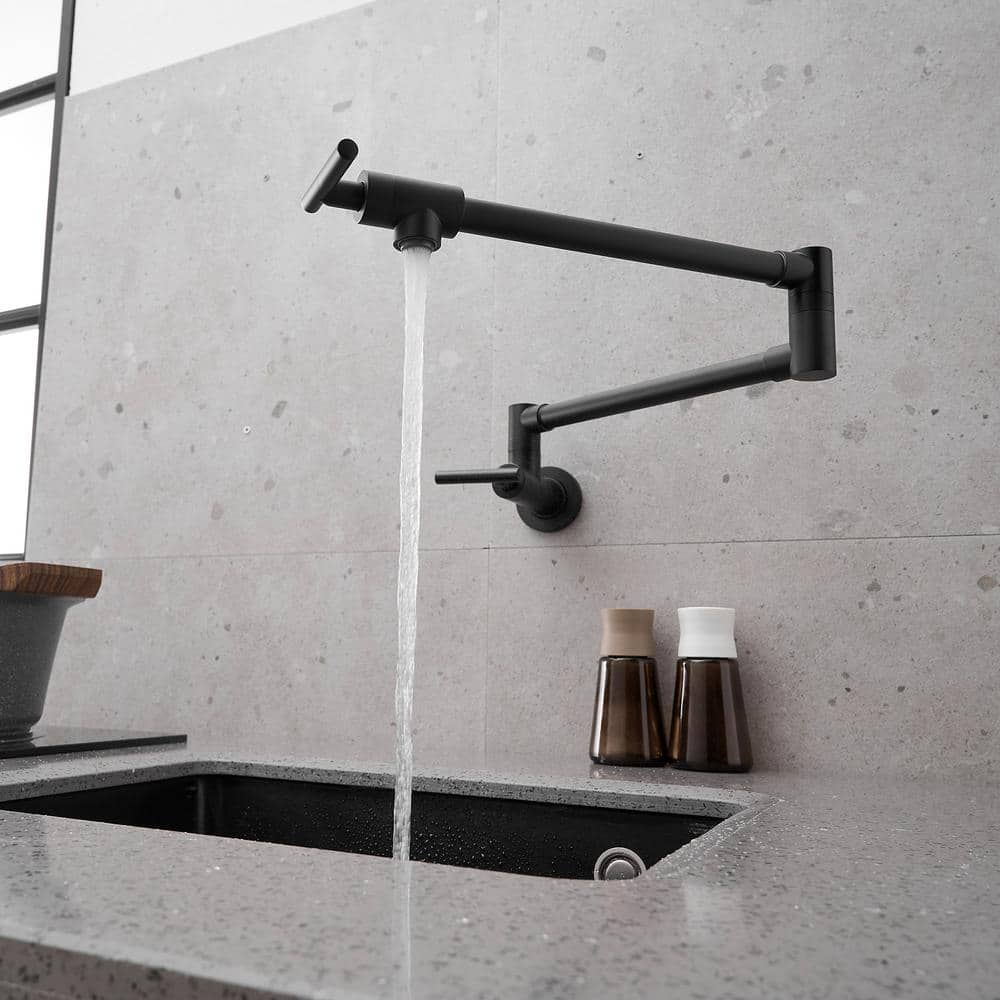 Matte Black Brass Wall-Mounted Pot Filler Faucet with Dual Joint Swing Arm