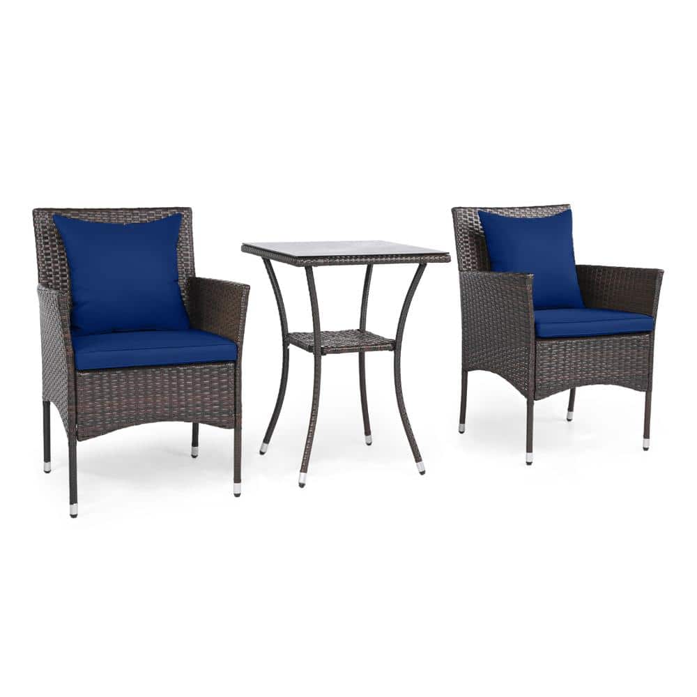 3-Piece PE Rattan Patio Bistro Set with Tempered Glass Side Table and Cushions, Navy price history on PriceWatchPro