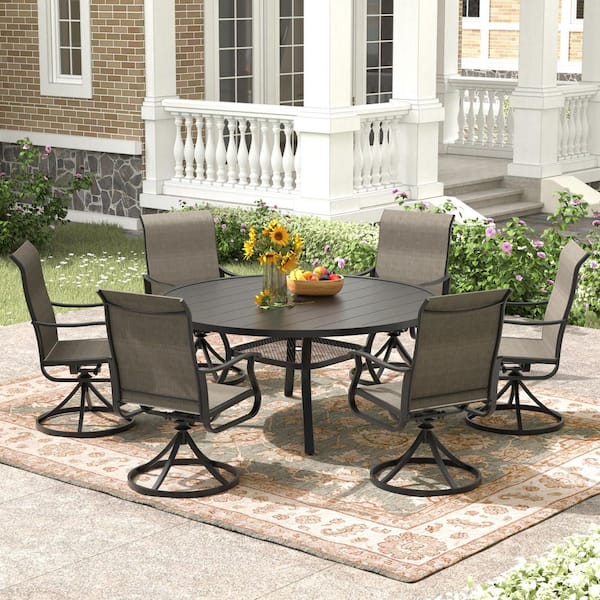 7-Piece Metal Outdoor Dining Set with Storage Shelf, Walnut Tabletop, Umbrella Hole, Brown Seats