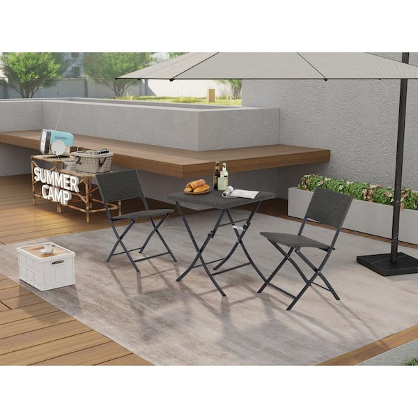 Unbranded Gray 3-Piece Wicker Outdoor Bistro Set, Patio All-Weather Rattan Foldable Table and Chairs for Garden, Pool, Balcony