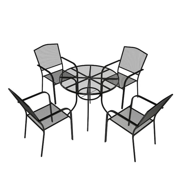 Clihome 5-Piece Metal Outdoor Dining Set with Mesh Table and 4-Chairs, Umbrella Hole, All-Weather Steel Frame