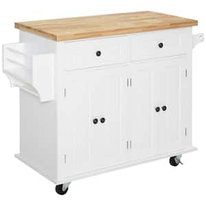 White Rubberwood 44 in. Kitchen Island on Wheels with 2 Doors, 2 Drawers, Spice Rack and Towel Bar