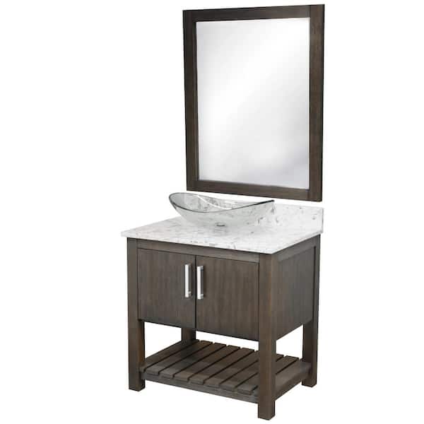 Novatto 31 in. W x 22 in. D x 31 in. H Single Sink Bath Vanity in Cafe with Cafe Mocha Quartz Top, Vessel and Mirror