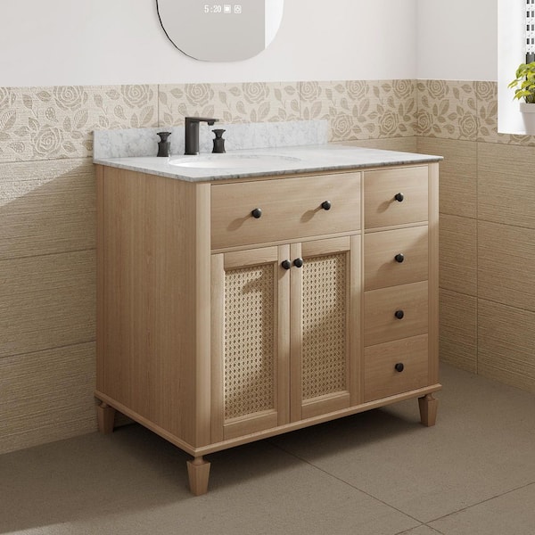 MEDUNJESS VLeaf 36 in. W x 22 in. D x 34.5 in. H Single Sink Bath Vanity Cabinet in Weather Fir with Carrara Marble Top