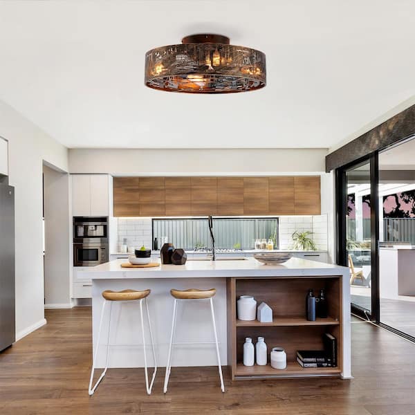 20 in. Bronze Iron Housing and Gray PC Blades Flush Mount Fandelier Ceiling Fan Without Lights, Remote, DC Motor