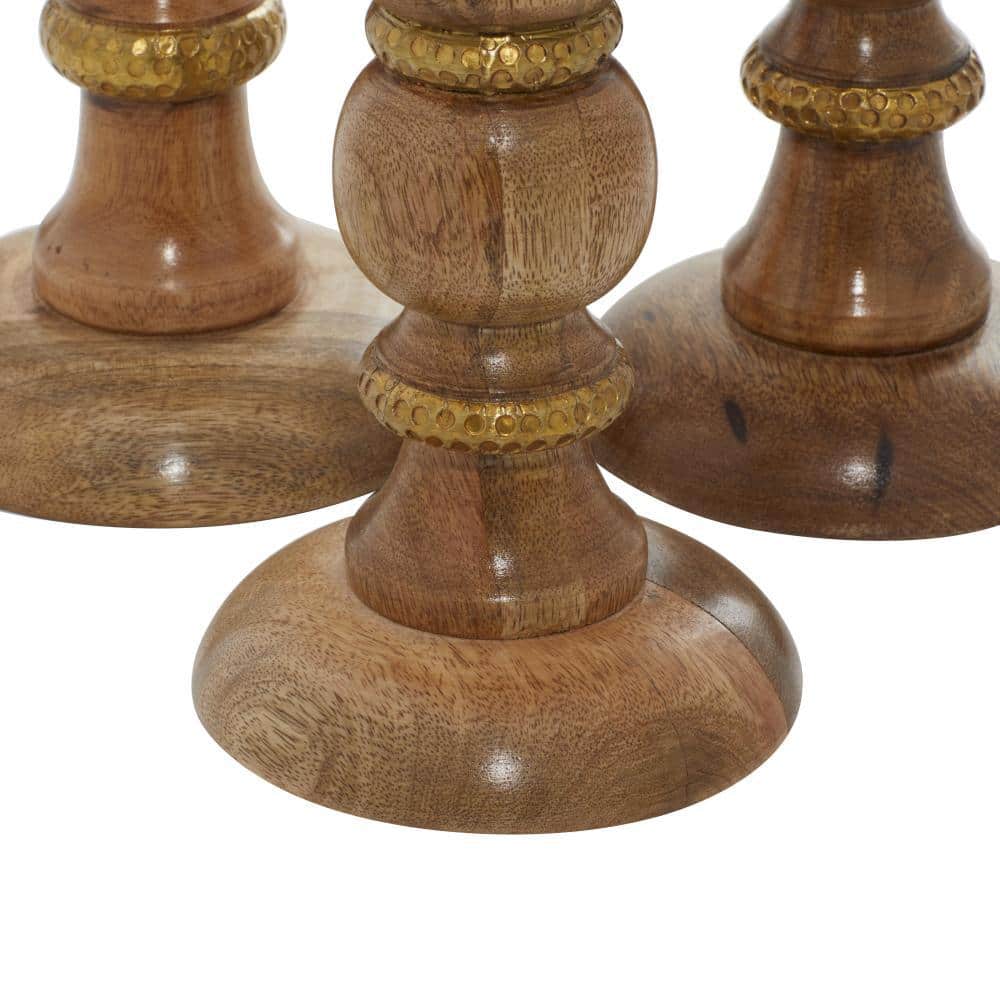 Mocha Mango Wood Candlestick Trio with Brass Accents