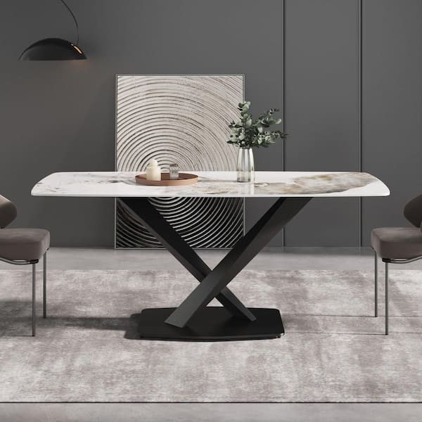 Magic Home 70.87 in. Pandora Rectangle Sintered Stone Top Cross Legs Black Cross Legs Dining Table (6 Seats)
