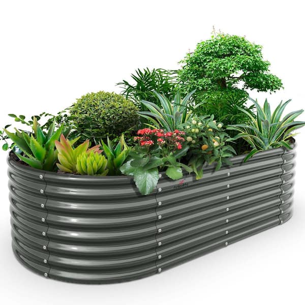 Zeus & Ruta 8x4x2ft Metal Oval Galvanized Raised Garden Bed for Vegetables and Flowers Outdoor in Gray