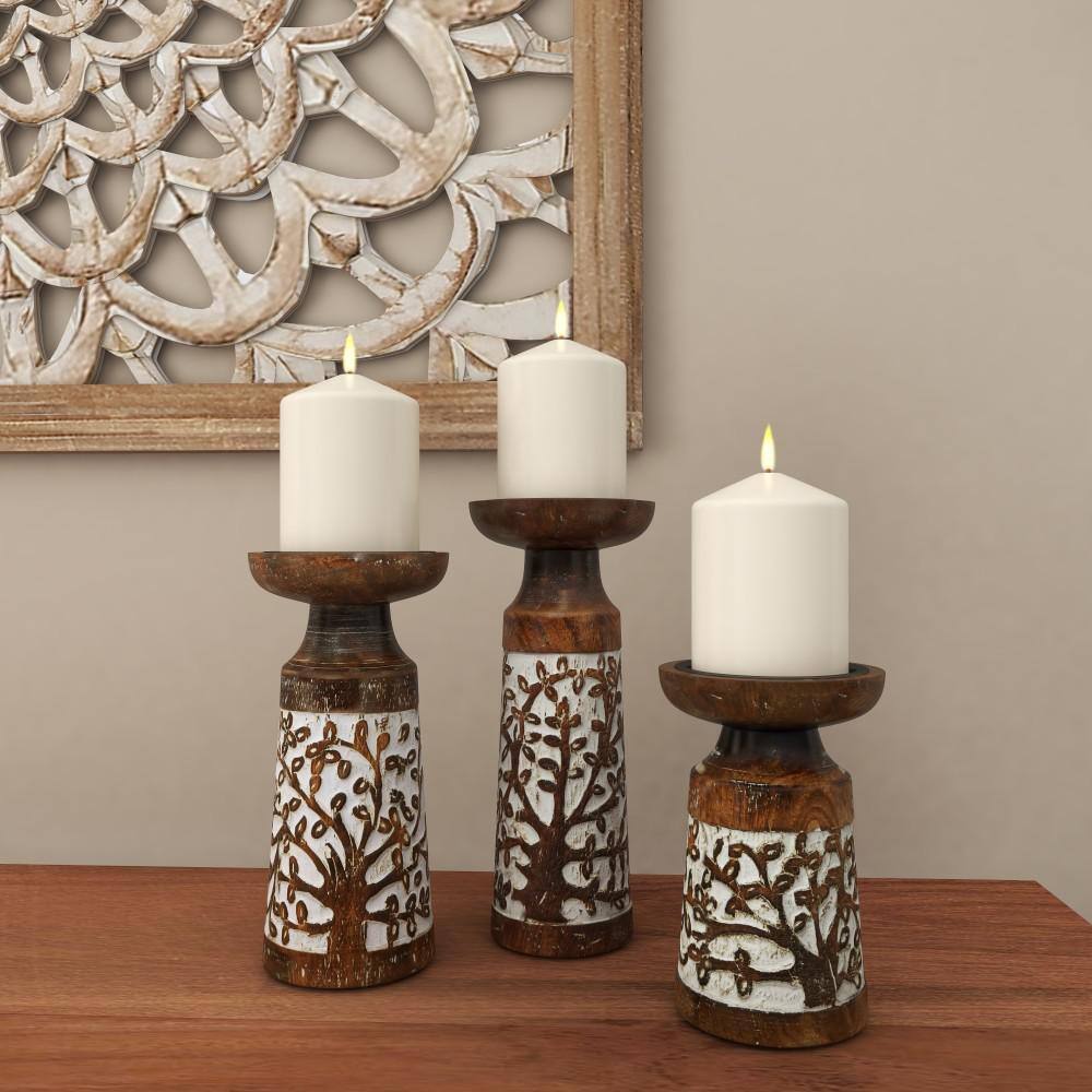 Winter Whisper Mango Wood 3-Piece Candlestick Set