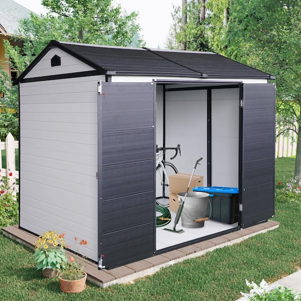 Outdoor 8 ft. W x 6 ft. D Resin Storage Shed with Floor, 2-Windows and Lockable Door Black Plus White (48 sq. ft. )
