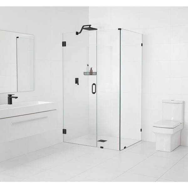 Glass Warehouse 41 in. W x 43.5 in. D x 78 in. H Pivot Frameless Corner Shower Enclosure in Matte Black Finish with Clear Glass