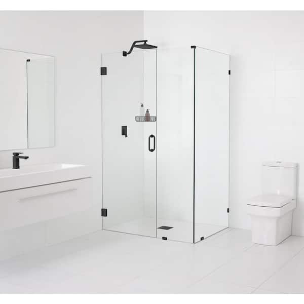 Glass Warehouse 42 in. W x 37 in. D x 78 in. H Pivot Frameless Corner Shower Enclosure in Matte Black Finish with Clear Glass