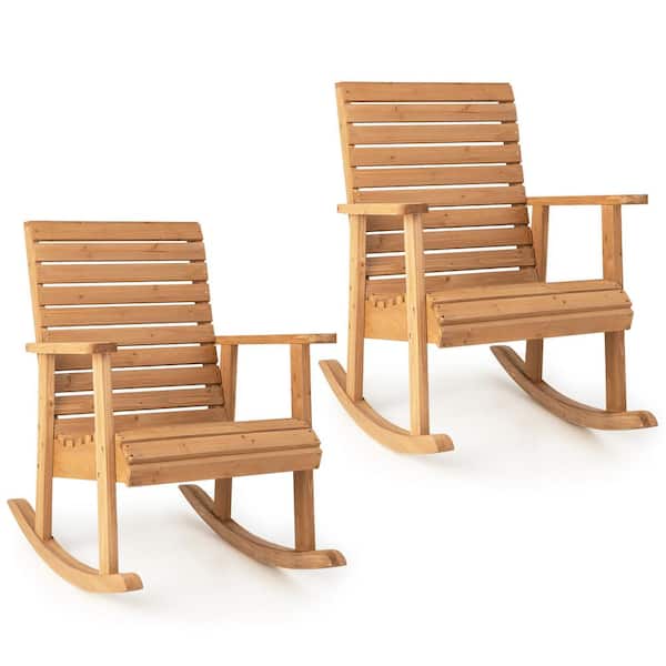 Costway 2-Pieces Patio Wood Outdoor Rocking Chair High Back Fir Wood Armchair Natural Garden Yard