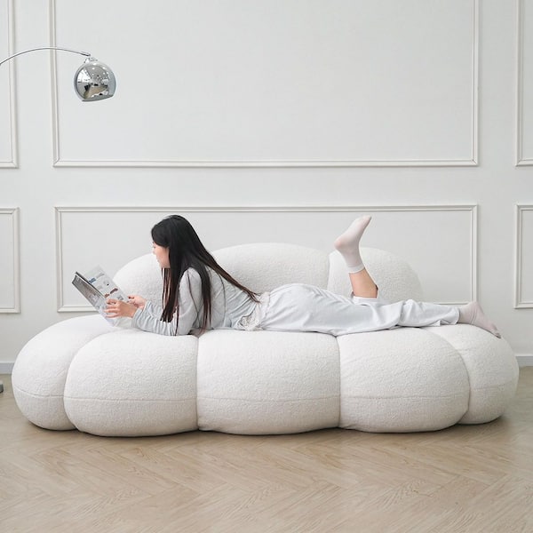 90 in. Armless Plush Fabric Memory Foam Modern Curved 3 Seater Sofa, Cozy Leisure Boneless Couch in White, No Assembly