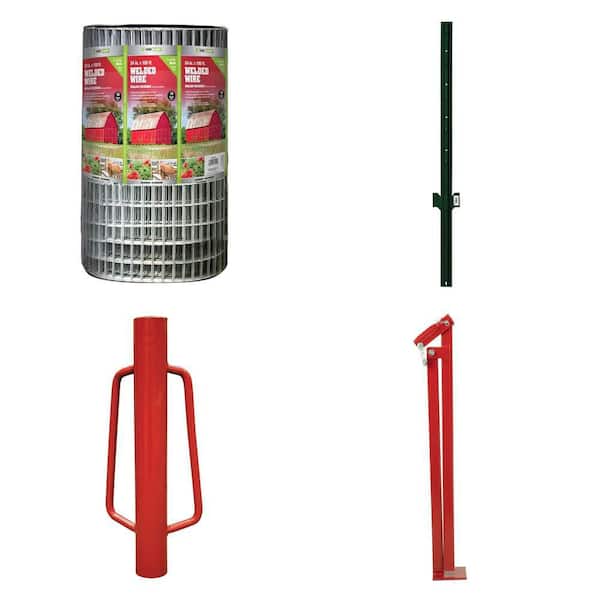 2 ft. x 100 ft. 14-Gauge Welded Wire, 1-1/8 in. x 4 ft. Green U Post, Post Driver and T-Post Puller Combo