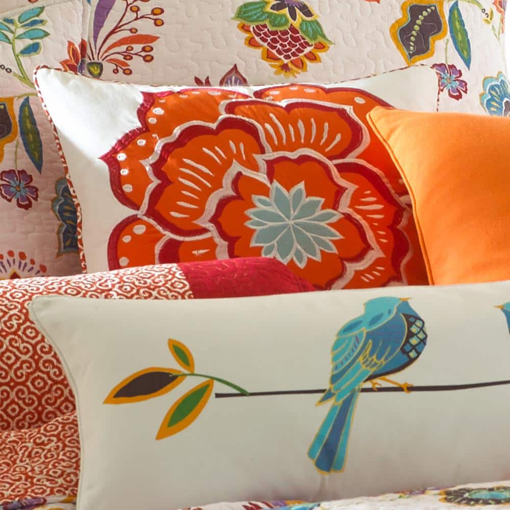 Abigail Orange and Teal Embroidered Floral 18" Pillow