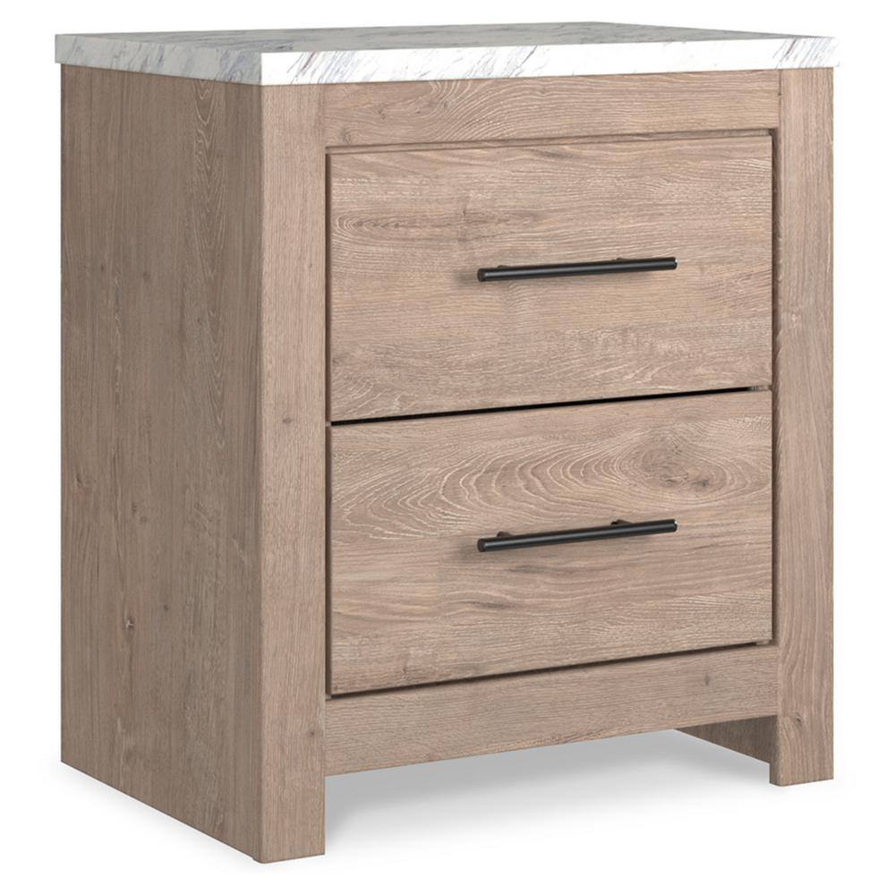 Light Brown and White Faux Marble Top 2-Drawer Nightstand