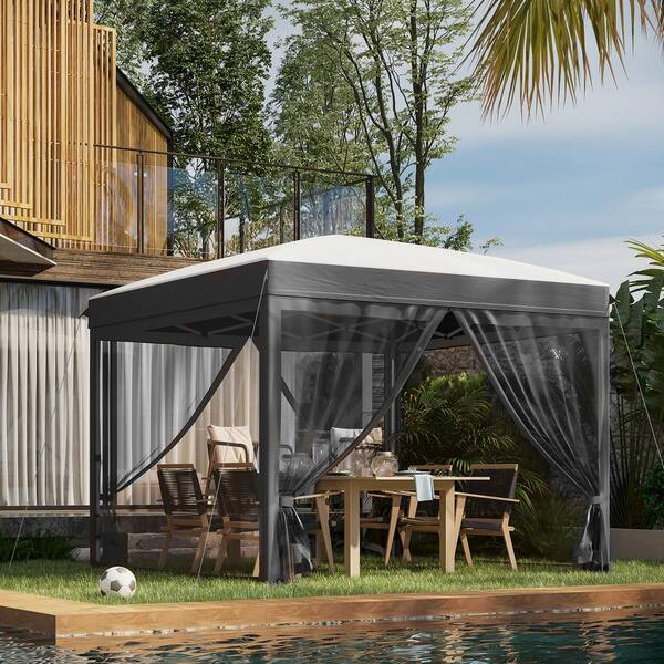10 ft. x 10 ft. Gray Pop Up Canopy Tent with Netting, Instant Sun Shelter Height Adjustable, with Wheeled Carry Bag
