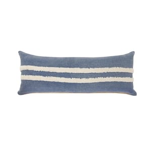 Double Blue / White Center Striped Tufted Poly Fill 14 in. x 36 in. Lumbar Indoor Throw Pillow