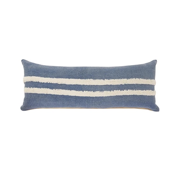 Unbranded Double Blue / White Center Striped Tufted Poly Fill 14 in. x 36 in. Lumbar Indoor Throw Pillow