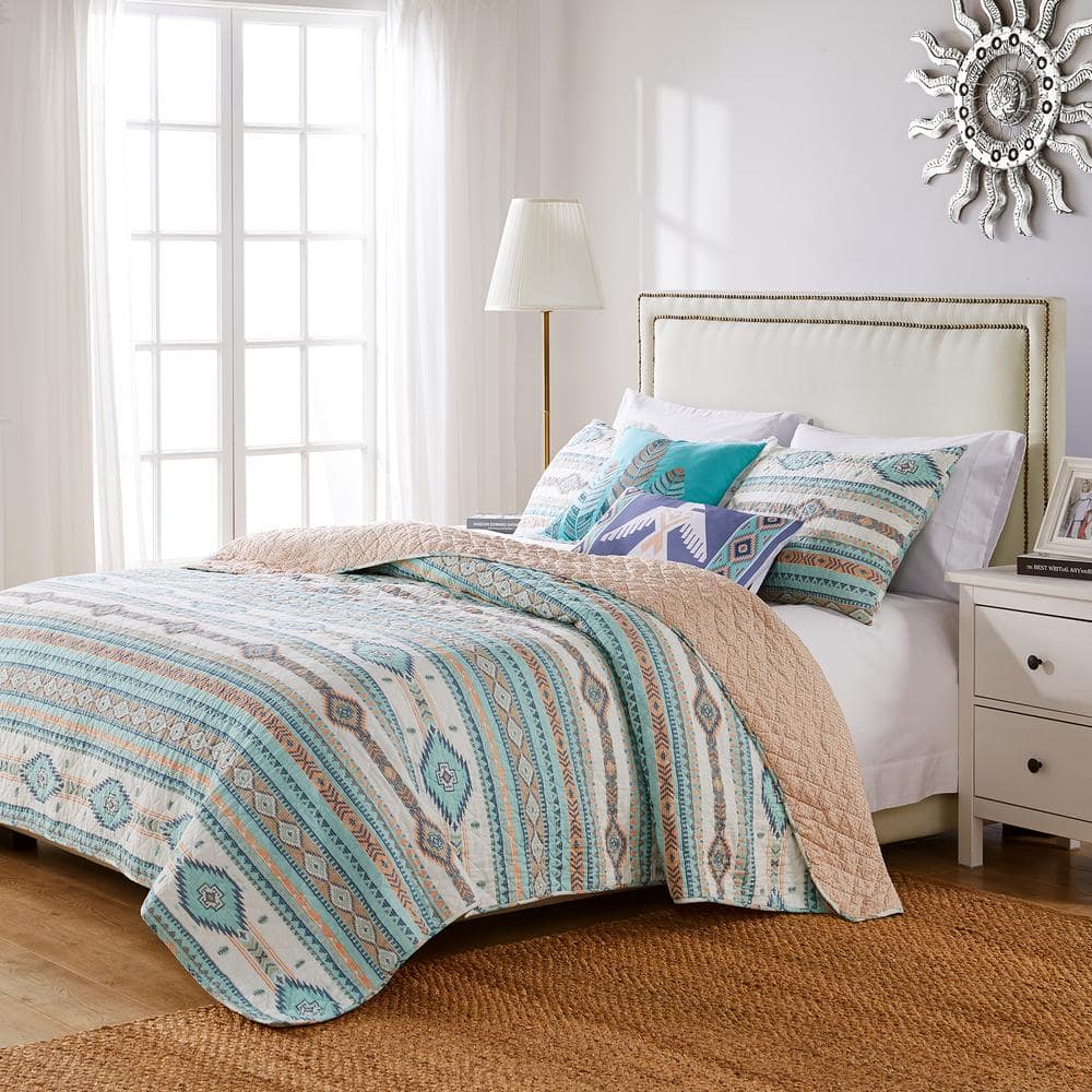 King Size Blue Southwestern Reversible Microfiber Quilt Set