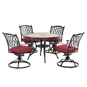 5-Piece Cast Aluminum Outdoor Dining Table Set with Round Tile-Top Table Swivel Chairs and Red Cushions