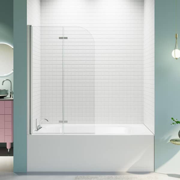 Reversible 34.75 in. W x 58 in. H Bi-Fold Pivot Frameless Tub Door in Chrome with Tempered Clear Glass