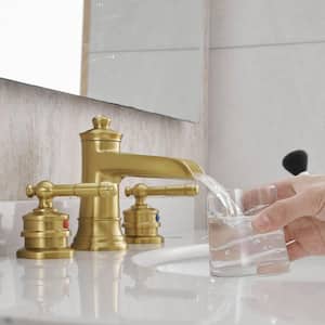 Double Handle 3-Hole 8 in. Widespread Waterfall Bathroom Faucet with Pop Up Drain in Brushed Gold