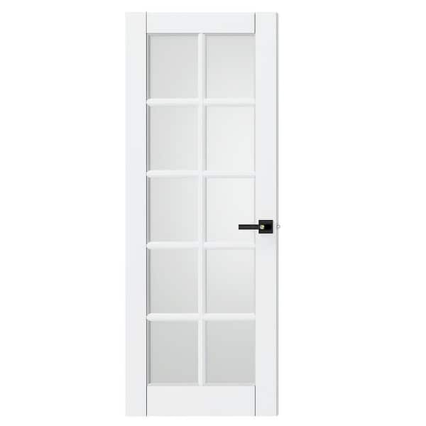 30 in. x 80 in. Composite, MDF, 10-Lite, Frosted Glass, Primed, White Interior Door Slab With Black Lever Handle