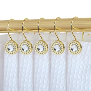Double Shower Curtain Hooks for Bathroom, Rust Resistant Shower Curtain Hooks Rings, Crystal Design, Gold