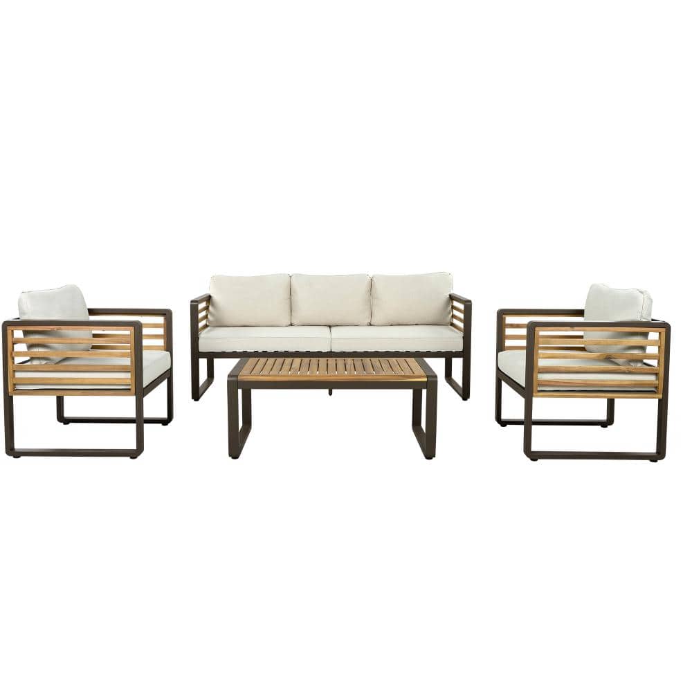 4-Piece Acacia Wood Outdoor Furniture Sofa set with Removable Beige Cushion Brown Metal and Wood Frame price history on PriceWatchPro