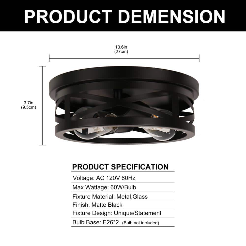 Black Metal Cage Drum Flush Mount Ceiling Light, 2-Pack