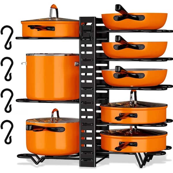 Black 8-Tier Metal Standing Pot Rack, Pots and Pans Organizer, Pot Lid Organizer for Kitchen
