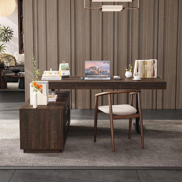 70.9 in. Rectangular Dark Oak Wood 4-Drawer Desk w/ Adjustable Height, Reversible Storage Bookcase, Memory Control Panel