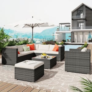 8-Piece Wicker Patio Conversation Set with White Cushions