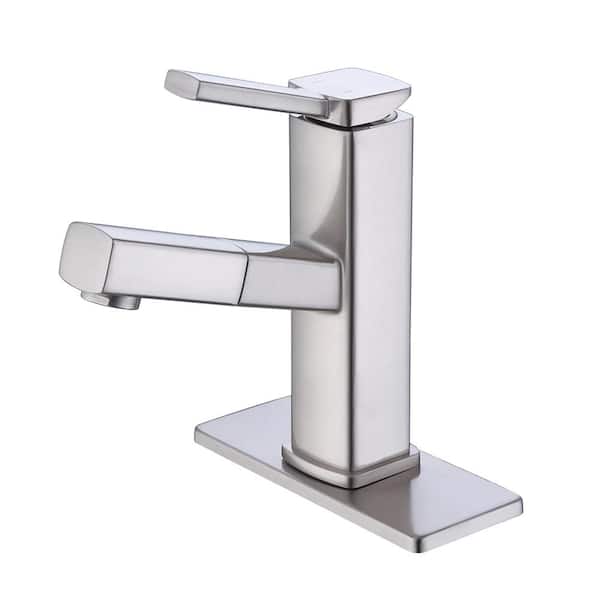 Dyiom Bathroom Sink Faucet with Pull-Out Spray, Single Handle Basin Tap for Hot and Cold Water, with Swivel, Brushed Nickel