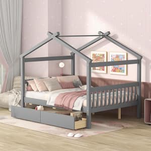 Gray Full Size Wood House Bed, Kids Bed with 2 Drawers