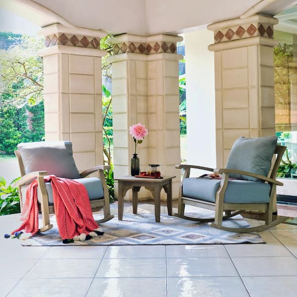 Cambridge Casual Torrey 3-Piece Weathered Teak Outdoor Rocking Chair Conversation Set with Blue Spruce Cushion