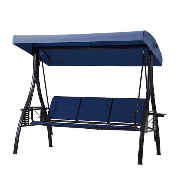 EPIPHANY DOUBLED INC 3-Person Black Metal Patio Swing with Blue Cushions Cup Holders and Adjustable Canopy