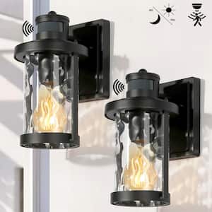 Traditional Black Outdoor Wall Light 1-Light Motion Sensing Wall Lantern Sconce with Water-Rippled Glass Shade (2-Pack)
