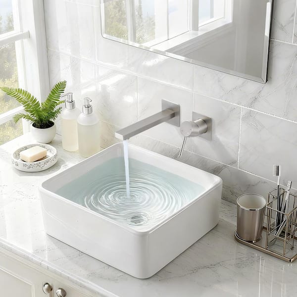 Brushed Nickel Single Handle Solid Brass Wall Mounted BathroomFaucet Valve Included
