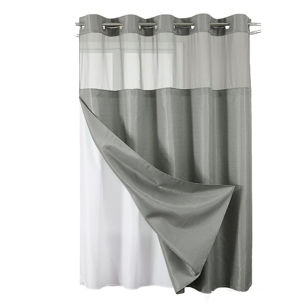 72 in. W x 75 in. L Grey No Hook Shower Curtain with Snap in Fabric Liner, Waffle Weave Thick Shower Curtains