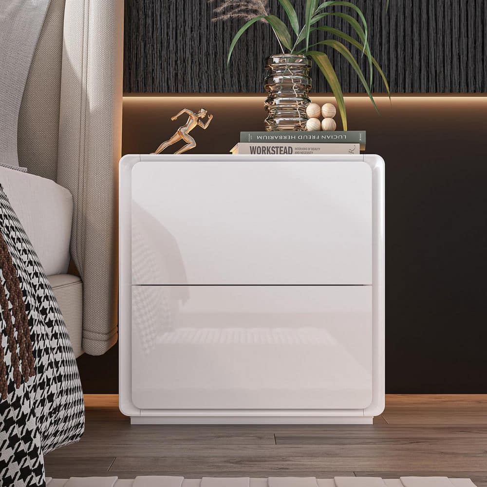 White Glossy Finished 2-Drawers 19.6 in. W, Exquisite Rectangle End Table, Nightstand, with Smooth Lines and LED price history on PriceWatchPro