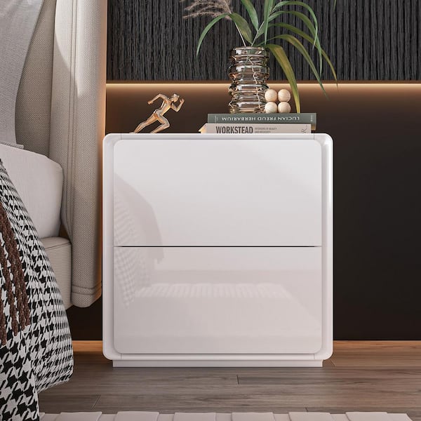 White Glossy Finished 2-Drawers 19.6 in. W, Exquisite Rectangle End Table, Nightstand, with Smooth Lines and LED
