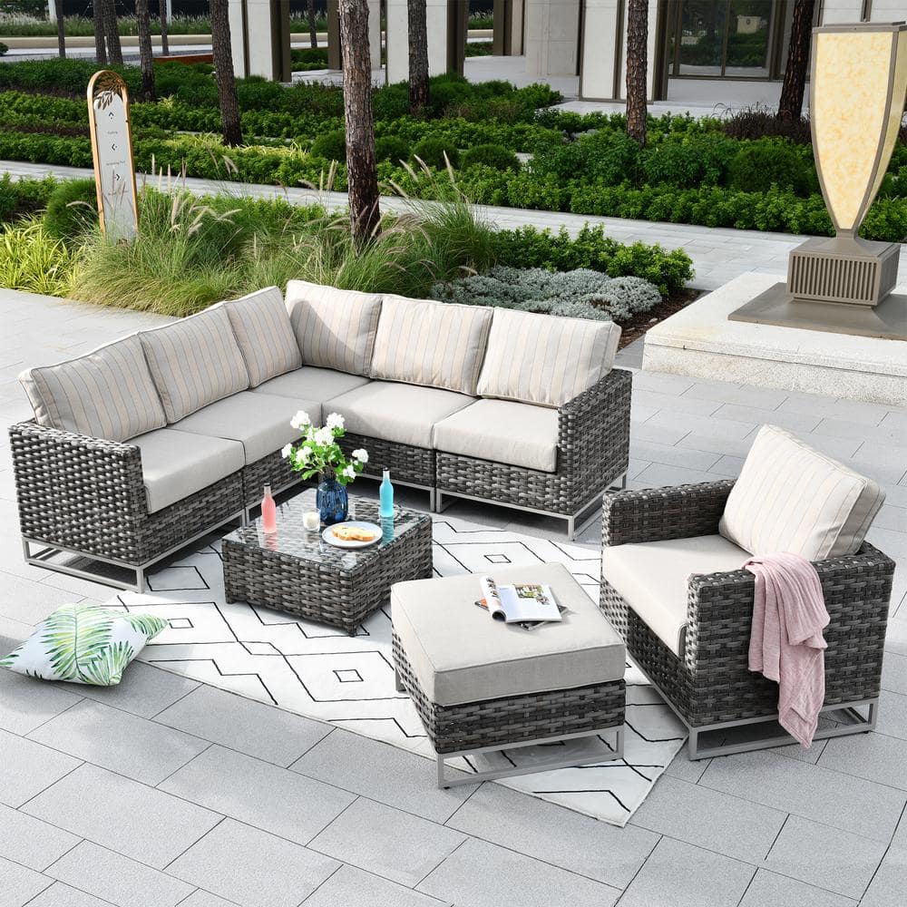 HOOOWOOO Aries Gray 8-Piece No Assembly Wicker Outdoor Patio ...